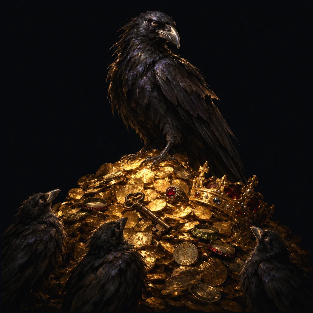 A large, ragged crow on a hoard of gold coins and a crown, giving a cold side-eye, while smaller crows look up at it from the shadows