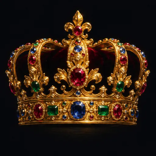 A jewelled royal crown blazing in a pool of light