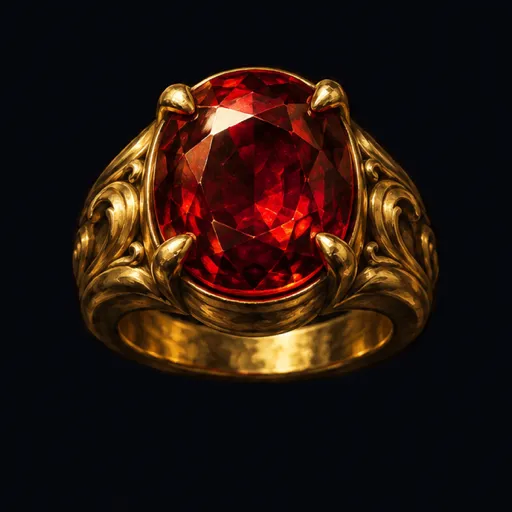 A gold ring with a red stone in a pool of light