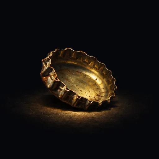 A dented bottle cap in a dim pool of light