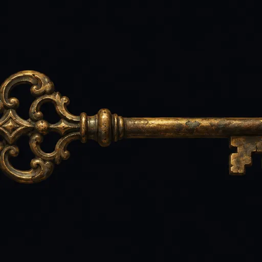A tarnished brass key in a pool of light